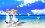  alicia_florence aria barefoot beach bird blonde_hair blue_eyes braid closed_eyes cloud day dress hat highres jpeg_artifacts long_hair mizunashi_akari multiple_girls ocean outdoors pink_hair sidelocks single_braid sky smile soshina_nohito standing uniform very_long_hair wallpaper water wind 