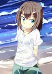  bad_id bad_pixiv_id baka_to_test_to_shoukanjuu banned_artist brown_hair green_eyes hair_ornament hairclip kinoshita_hideyoshi kou_(ahms) male_focus otoko_no_ko see-through shirt shorts solo sports_bra t-shirt water 