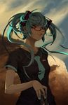  aqua_eyes aqua_hair aqua_nails bespectacled duplicate earrings glasses hands hatsune_miku jewelry lips long_hair nail_polish necktie red-framed_eyewear ring sky solo takuma_(largetakumamover) twintails vocaloid wind 