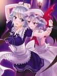  bad_id bad_pixiv_id bat_wings blue_eyes braid chain cuffs fang hairband izayoi_sakuya maid multiple_girls nidoro pantyhose purple_hair red_eyes remilia_scarlet short_hair silver_hair touhou twin_braids wings yuri 