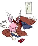  animal_ears apron food japanese_clothes lying mitsumoto_jouji mystia_lorelei okamisty pink_hair pocky ribbon sad short_hair simple_background socks solo touhou wide_sleeves wings 