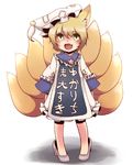  animal_ears blush clothes_writing dress fang fox_ears fox_tail frilled_dress frills hat multiple_tails open_mouth oversized_clothes simple_background solo surcoat tail touhou translated typo urita_(vivivinicol) white_background yakumo_ran yellow_eyes younger 
