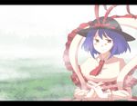  blue_hair blush bowl bowl_hat capelet dress frills hands_clasped hat looking_at_viewer nagae_iku own_hands_together red_eyes solo takuzui touhou upper_body white_dress 
