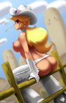  1girl areolae ass ass_cutout blonde_hair blue_eyes breasts cowboy_hat female from_behind hat john_joseco large_breasts long_hair looking_at_viewer looking_back nipples ponytail princess_peach side_boob sideboob sitting solo super_mario_bros. 