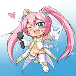  angelic_buster blue_eyes blush bottomless gradient gradient_background horns macchou_(tsubonekoya) maplestory pink_hair pussy solo twintails wings wink 