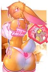  0r0 0r0ch1 anthro big_breasts blush breast_squish breasts butt clothing crossgender discord_(mlp) draconequus english_text female friendship_is_magic lagomorph looking_back mammal my_little_pony nipples panties pose raised_arm shirt shirt_lift standing tattoo text underwear 