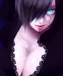  akizuki_hakuto black_hair blue_eyes breasts cleavage hair_over_one_eye hood large_breasts lips looking_at_viewer madame_shirley nose one_piece pale_skin short_hair solo 