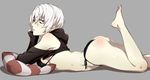  arizuka_(catacombe) ass bikini black_bikini chin_rest from_side highres hood hood_down hoodie lying on_stomach original red_eyes short_hair side-tie_bikini silver_hair solo swimsuit 