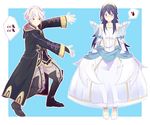  1boy 1girl alternate_costume blue_hair blush boots cloak collaboration dress embarrassed emoticon fire_emblem fire_emblem:_kakusei jisonshin lucina my_unit my_unit_(fire_emblem:_kakusei) parody silver_hair simple_background sweatdrop thought_bubble tiara wedding_dress 