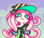  aqua_eyes bad_id bad_pixiv_id bangs bare_shoulders baseball_cap blunt_bangs bright_pupils collarbone commentary eyelashes fish gradient gradient_background hair_ornament hat long_hair looking_at_viewer off_shoulder open_mouth paruko_(splatoon) pink_hair purple_background saliva sanpaku shirt smile solo splatoon_(series) splatoon_1 striped striped_hat tentacle_hair upper_body yuta_agc 