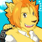  amber_eyes anthro bag clothing feline lion male mammal morenatsu open_mouth smile solo soutarou_(morenatsu) 