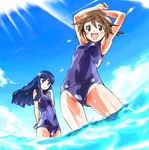  :d arms_up bad_id bad_pixiv_id blue_sky blush brown_eyes brown_hair chikuwa_(tks) cloud day long_hair miyafuji_yoshika multiple_girls old_school_swimsuit one-piece_swimsuit open_mouth outdoors school_swimsuit short_hair sky smile strike_witches swimsuit wading water world_witches_series yamakawa_michiko 