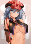  alisa_ilinichina_amiella arms_behind_back bad_id bad_pixiv_id bare_shoulders breasts covered_nipples elbow_gloves gloves god_eater god_eater_burst hat large_breasts oni-noboru revision short_hair silver_hair smile solo underboob upper_body 