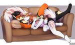  2015 accelo accelo_(character) anklet anthro bell black_hair blush canine collar couple cress crossdressing cuddling duo feline fox ginger_hair hair jewelry leopard long_tail lying male mammal orange_hair sofa tartii 