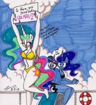  &lt;3 2015 anthro anthrofied bikini blue_hair cleavage clothed clothing dialogue english_text equine eyeshadow female friendship_is_magic group hair horn makeup mammal multicolored_hair my_little_pony newyorkx3 princess_celestia_(mlp) princess_luna_(mlp) sign sparkles swimsuit text twilight_sparkle_(mlp) wide_hips winged_unicorn wings 