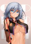  alisa_ilinichina_amiella arms_behind_back bad_id bad_pixiv_id bare_shoulders breasts covered_nipples elbow_gloves gloves god_eater god_eater_burst large_breasts no_hat no_headwear oni-noboru revision short_hair silver_hair smile solo upper_body 