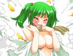  blush breasts closed_eyes green_hair hair_bobbles hair_ornament japanese_clothes kimono kisume large_breasts mono_(moiky) no_bra off_shoulder open_mouth scarf solo torn_clothes touhou transparent_background twintails yukata 