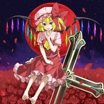  barefoot blonde_hair finger_to_mouth flandre_scarlet flower hat kurogin looking_at_viewer mob_cap nail_polish red_eyes rose smile solo touhou wings 