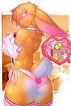  0r0 0r0ch1 anthro big_breasts blush breast_squish breasts butt clothed clothing crossgender discord_(mlp) draconequus elbow_gloves female friendship_is_magic gloves half-dressed lagomorph legwear looking_back mammal my_little_pony nipples panties pose raised_arm standing tattoo thigh_highs underwear 