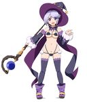  1girl bikini bikini_warriors blue_eyes blue_hair blush breasts female hat large_breasts mage_(bikini_warriors) simple_background smile solo staff swimsuit weapon witch_hat 