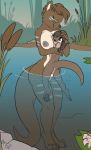  anthro big_breasts breasts brown_fur brown_hair duo female female/female fuf fur grey_nipples hair half-closed_eyes hi_res mammal mustelid nipples nude one_eye_closed otter partially_submerged pussy standing water young 
