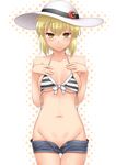  bikini bikini_top blonde_hair blush breasts brown_eyes collarbone crescent groin hat highres looking_at_viewer lunasa_prismriver medium_breasts navel no_panties open_bikini open_clothes open_fly open_shorts short_shorts shorts shorts_pull solo striped striped_bikini swimsuit touhou underboob unzipped yoshi_tama 