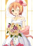  ;d bare_shoulders blush bouquet flower hair_flower hair_ornament hatsu_(first_snow) hoshizora_rin looking_at_viewer love_live! love_live!_school_idol_project love_wing_bell one_eye_closed open_mouth orange_hair short_hair smile solo yellow_eyes 