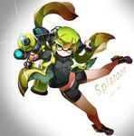  bike_shorts burst_bomb_(splatoon) domino_mask full_body green_eyes green_hair hero_shot_(splatoon) hide448 highres ink_tank_(splatoon) inkling long_hair looking_at_viewer mask pointy_ears shoes simple_background smile sneakers solo splatoon_(series) splatoon_1 squidbeak_splatoon super_soaker tentacle_hair 