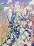  ahoge armor armored_dress artoria_pendragon_(all) blonde_hair cherry_blossoms clamp dress excalibur fate/stay_night fate_(series) gauntlets green_eyes hair_ribbon half-closed_eyes highres puffy_sleeves ribbon saber scabbard scan sheath solo sword torn_clothes tree weapon 