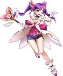  ;d absurdres aisha_(elsword) artist_request back_bow bare_legs bare_shoulders bow dimension_witch_(elsword) elsword full_body gloves hair_ornament hair_ribbon hairclip highres holding holding_wand long_hair official_art one_eye_closed open_mouth purple_eyes purple_hair purple_skirt ribbon skirt smile solo transparent_background twintails wand 