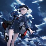  blue blue_eyes clothes_writing cloud cloudy_sky dress from_below hat kantai_collection long_legs outstretched_arm ribbon sailor_dress sailor_hat shizu_(9394marimo) short_hair sky solo turret turtleneck white_hair wind z1_leberecht_maass_(kantai_collection) 