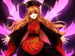  :d bad_id bad_tumblr_id black_dress brown_hair chinese_clothes crescent dress hat junko_(touhou) long_hair long_sleeves open_mouth orange_hair red_eyes smile solo tabard terupancake touhou 