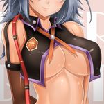  alisa_ilinichina_amiella arms_behind_back bad_id bad_pixiv_id bare_shoulders breasts elbow_gloves gloves god_eater god_eater_burst hat head_out_of_frame highres large_breasts oni-noboru revision short_hair silver_hair smile solo underboob upper_body 