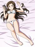  bed blush bow bow_bra bow_panties bra brown_eyes brown_hair cellphone highres holding idolmaster idolmaster_million_live! kitazawa_shiho lace lace-trimmed_bra lace-trimmed_panties lielos long_hair looking_at_viewer lying on_back panties phone smartphone solo underwear underwear_only white_bra white_panties 