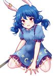  animal_ears blue_hair blush bunny_ears dress ear_clip highres open_mouth puffy_short_sleeves puffy_sleeves red_eyes seiran_(touhou) short_sleeves short_twintails simple_background solo touhou twintails uranaishi_(miraura) white_background 