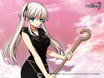  1girl blue_eyes breasts erect_nipples female large_breasts long_hair looking_at_viewer mabinogi nao_(mabinogi) silver_hair sky smile solo twintails wallpaper 