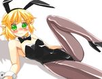  animal_ears bare_arms bare_shoulders black_legwear blonde_hair blush bunny_ears bunny_girl bunnysuit detached_collar fake_animal_ears green_eyes leg_up leotard long_legs looking_at_viewer lying mizuhashi_parsee mono_(moiky) on_back pantyhose pointy_ears solo touhou wavy_mouth wrist_cuffs 