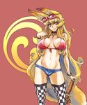  animal_ears bikini bikini_top blonde_hair breasts checkered checkered_legwear chikuwa_(tks) choker covered_nipples denim denim_shorts eyebrows eyebrows_visible_through_hair fox_ears fox_tail goggles goggles_on_head groin highres jewelry large_breasts long_hair navel necklace original red_bikini red_eyes short_shorts shorts solo swimsuit tail thighhighs 