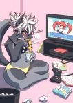  1girl blue_eyes chopstick console dog eating food furry magazine noodles ramen short_hair solo tv unousaya white_hair 