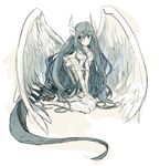  a1ri feathered_wings feathers harpy horns long_hair monochrome monster_girl original sitting sketch smile solo v_arms very_long_hair wings 