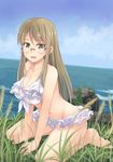  akemiho_tabi_nikki arm_support barefoot between_legs bikini blue_sky breasts brown_eyes brown_hair cleavage cloud commentary_request day frilled_bikini frills front-tie_top glasses grass highres horizon kneeling kouno_hikaru large_breasts looking_at_viewer navel o-ring o-ring_top ocean open_mouth oribe_shiori outdoors rimless_eyewear rock sky solo swimsuit wavy_mouth white_bikini 