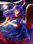  animal_ears blood blood_stain blue_hair bunny_ears full_moon grin highres hourai_ninjin kine mallet moon red_eyes seiran_(touhou) smile solo touhou 