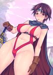 blush breasts brown_eyes brown_hair cape circlet dragon_quest dragon_quest_iii gloves hand_on_hilt highres large_breasts looking_at_viewer parted_lips pussy_juice red-rum red_swimsuit revealing_swimsuit_(dq) roto short_hair slingshot_swimsuit solo sweat swimsuit sword weapon 