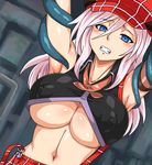  alisa_ilinichina_amiella armpits blue_eyes breast_expansion breasts bursting_breasts clenched_teeth covered_nipples god_eater hair_between_eyes hat highres kitsune-tsuki_(getter) large_breasts long_hair midriff navel skirt suspender_skirt suspenders suspenders_slip teeth tentacles underboob 