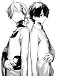  back-to-back cardigan collar collared_shirt from_side greyscale headphones kagerou_project kokonose_haruka konoha_(kagerou_project) looking_at_another male_focus mole mole_under_eye monochrome multiple_boys ponytail shirt shizu_(9394marimo) simple_background white_background 