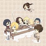  3boys 5girls annie_leonhardt armin_arlert blonde_hair blue_eyes blush bread brown_hair cat chibi christa_renz drooling eren_yeager food green_eyes levi_(shingeki_no_kyojin) mikasa_ackerman multiple_boys multiple_girls saru sasha_braus shingeki_no_kyojin short_hair sitting smile ymir_(shingeki_no_kyojin) 