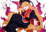  :d aura blonde_hair dress hat highres junko_(touhou) long_hair md5_mismatch open_hand open_mouth red_eyes sash shuukenyuu smile solo tabard touhou very_long_hair 