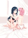  bad_id bad_pixiv_id barefoot black_hair blue_eyes bra breasts camelon closers feet full_body hair_ribbon kneeling large_breasts long_hair looking_at_viewer looking_back medium_breasts multiple_girls on_bed open_mouth panties pink_hair ribbon seulbi_lee short_hair side-tie_panties side_ponytail sitting underwear underwear_only wariza yuri_seo 