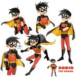  1boy ? batman_(series) belt black_gloves black_hair black_shoes boots cape character_name crossed_arms dc_comics dcau domino_mask gloves kneeling male_focus mask multiple_views robin_(dc) shoes simple_background smirk solo tim_drake 