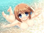  :o aoi_akua barefoot beach blue_eyes blush breasts brown_hair collarbone folded_ponytail foreshortening frills komaki_manaka large_breasts looking_at_viewer nipples nude short_hair swimsuit to_heart_2 wading water 